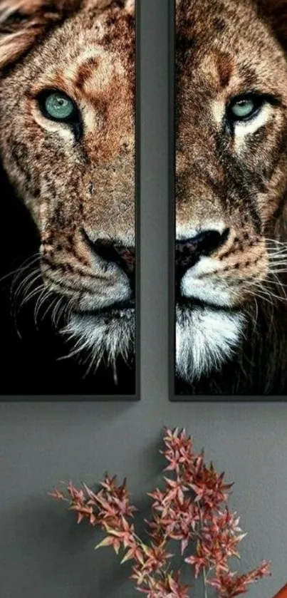 Majestic lion portrait split across two frames.