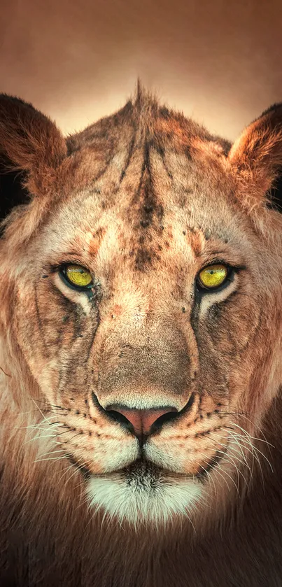 Majestic lion portrait mobile wallpaper with a warm brown tone.