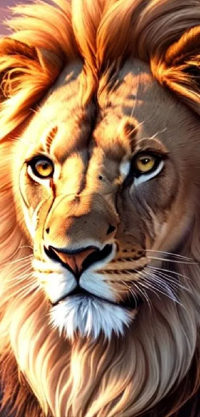 Majestic lion portrait with golden mane in nature background for mobile wallpaper.