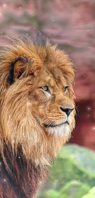 Portrait of a majestic lion with a lush brown mane.