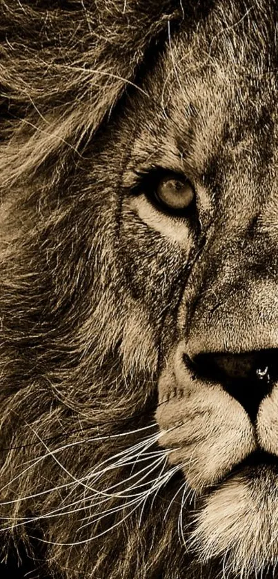 Sepia-toned close-up of a lion's face in artistic mobile wallpaper.