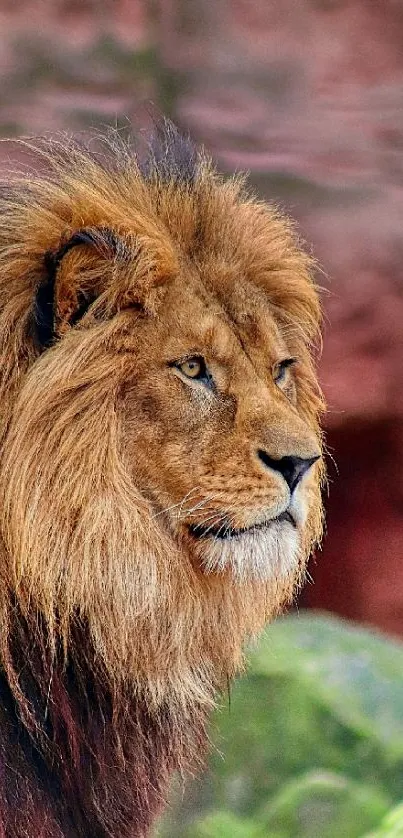 Majestic lion portrait with lush mane and intense gaze on mobile wallpaper.