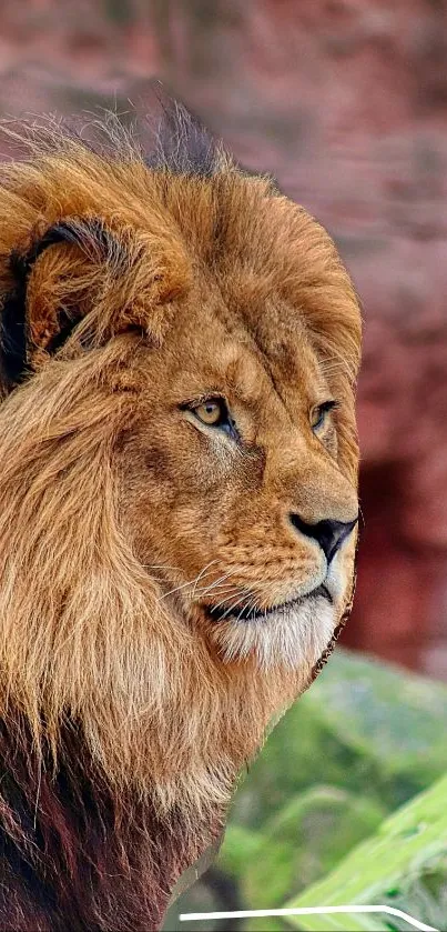 Majestic lion with an intense gaze, set against earthy tones and natural textures.