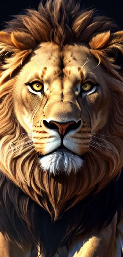 Majestic lion portrait mobile wallpaper with detailed fur and intense gaze.