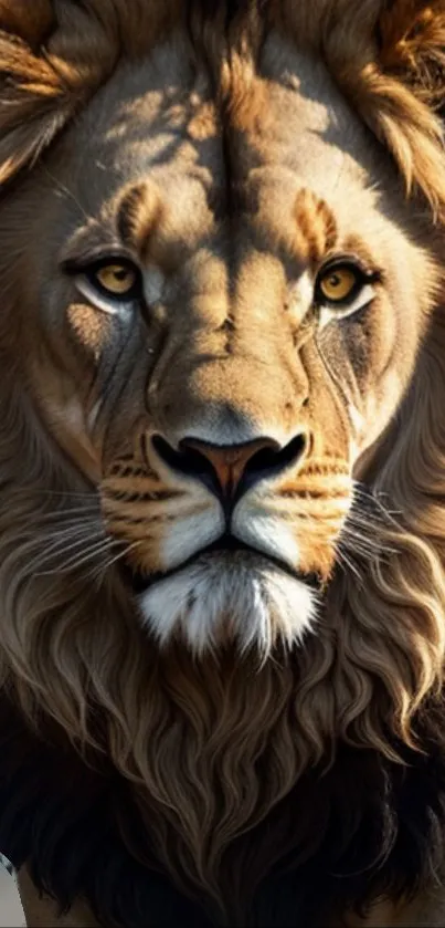 Close-up of a majestic lion face with a lush mane in golden brown tones.