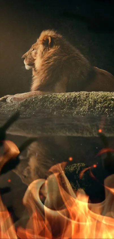 Majestic lion with reflection on a rock at dusk.