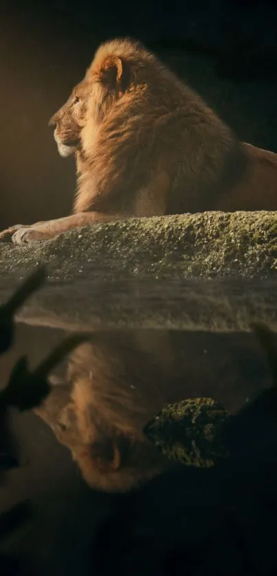 Majestic lion resting with reflection on dark water.