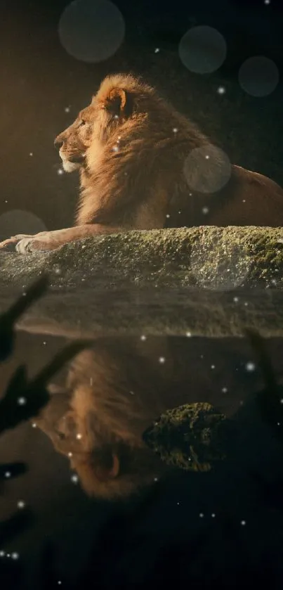 Lion resting on stone, reflected in water, under soft light.