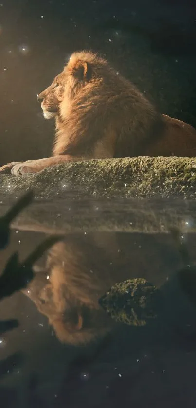 Majestic lion overlooking a serene water reflection and starry sky.