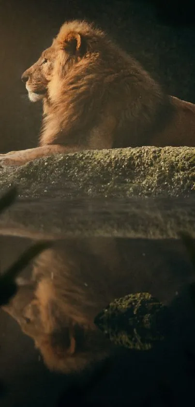 Majestic lion resting by water's edge with reflection.