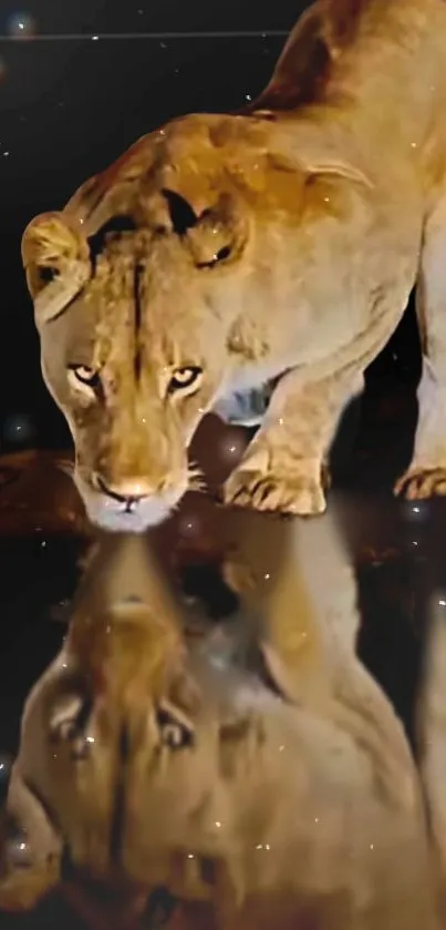 Majestic lion gazing into reflection in dark setting wallpaper.