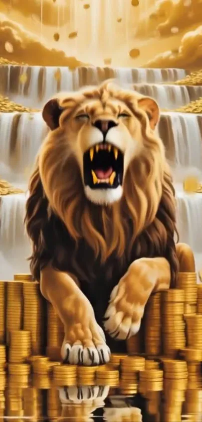 Roaring lion atop golden coins with waterfalls in background.