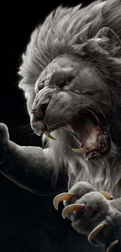 Fierce roaring lion with dark grey mane in stunning detail for mobile use.