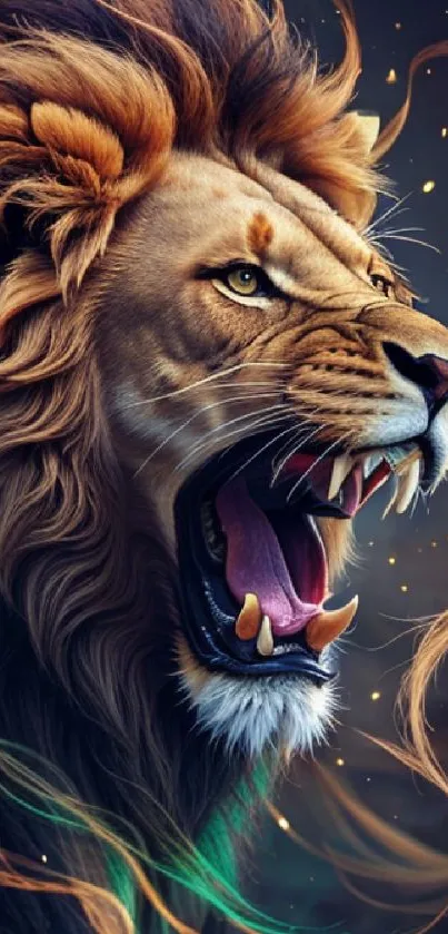 Majestic roaring lion with flowing mane, golden brown hues.