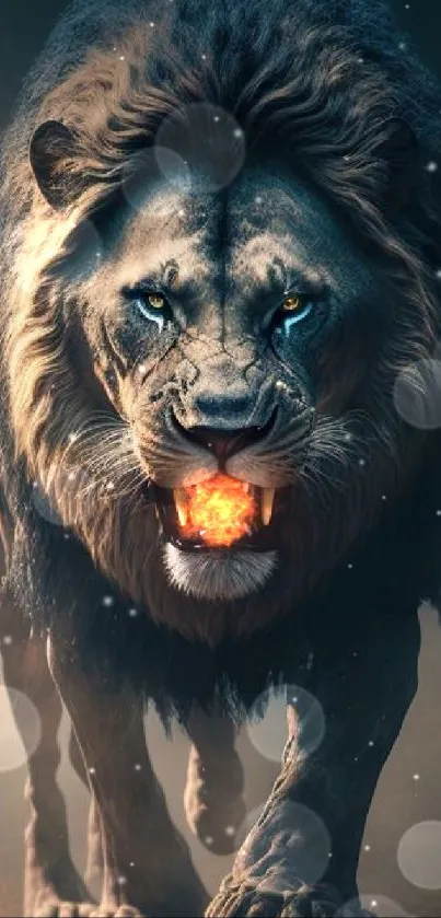 Roaring majestic lion in a fierce stance on a mobile wallpaper background.