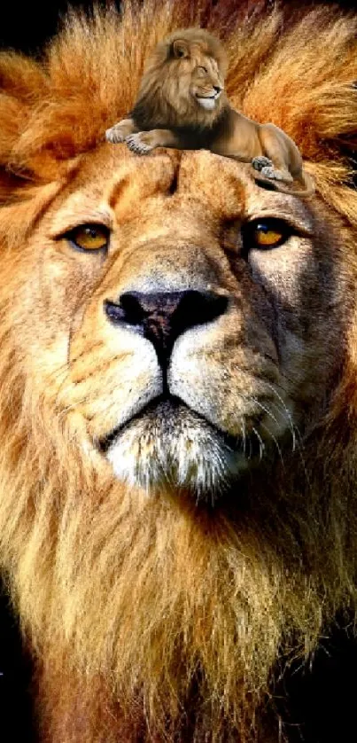 Majestic lion with a golden mane in striking mobile wallpaper.