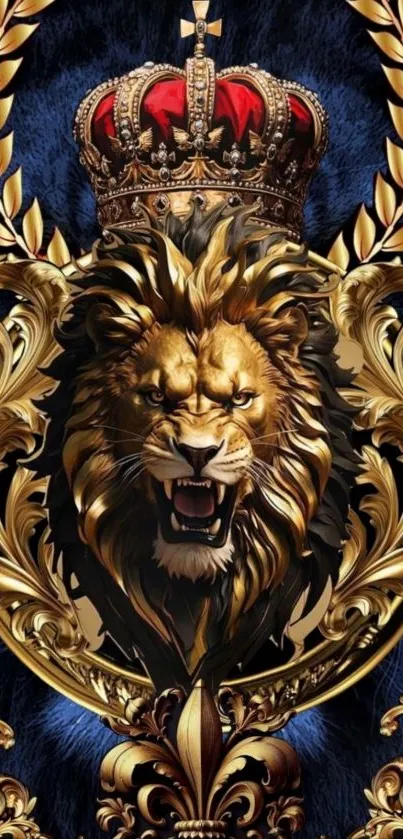 Majestic lion with crown in ornate design.