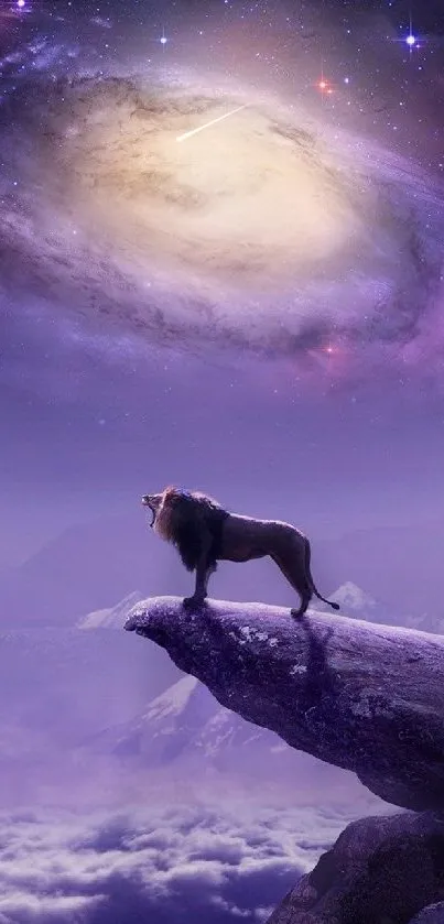 A lion stands on a cliff under a galaxy with starry skies.