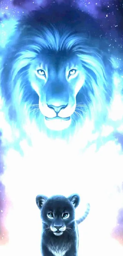 Mobile wallpaper of a majestic lion spirit with cosmic design.