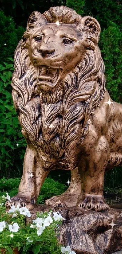 Golden lion statue surrounded by lush green foliage.