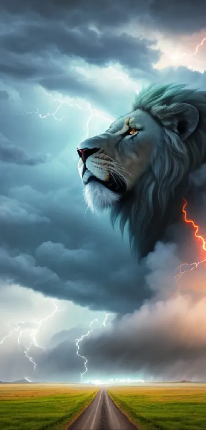 Lion emerging from stormy clouds with lightning on a road.