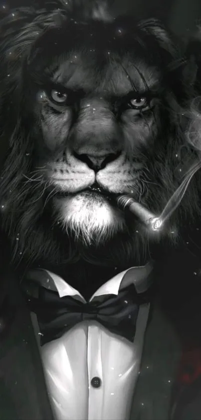 Regal lion in a suit holding a cigar in a monochromatic style.