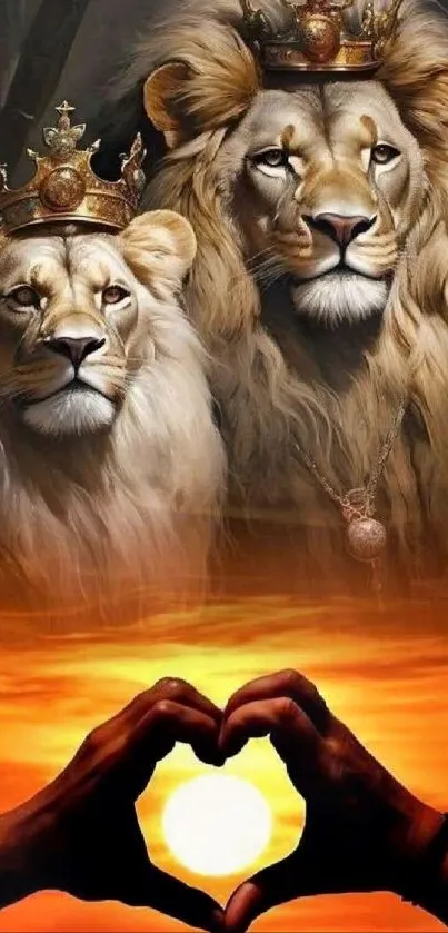 Two majestic lions with crowns at sunset.