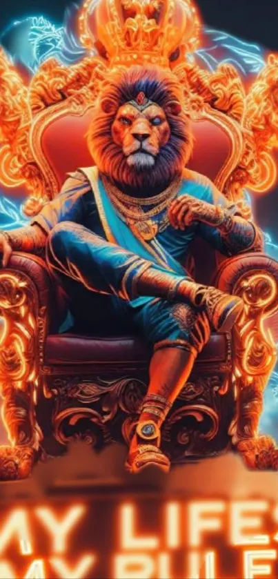 Majestic lion seated on a vibrant throne with urban backdrop in bold colors.