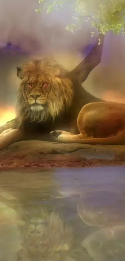 Majestic lion resting by the lake under a vibrant sunset sky.