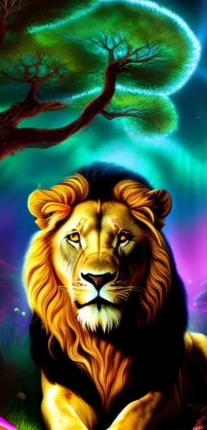 Colorful lion under vibrant aurora in a surreal landscape.