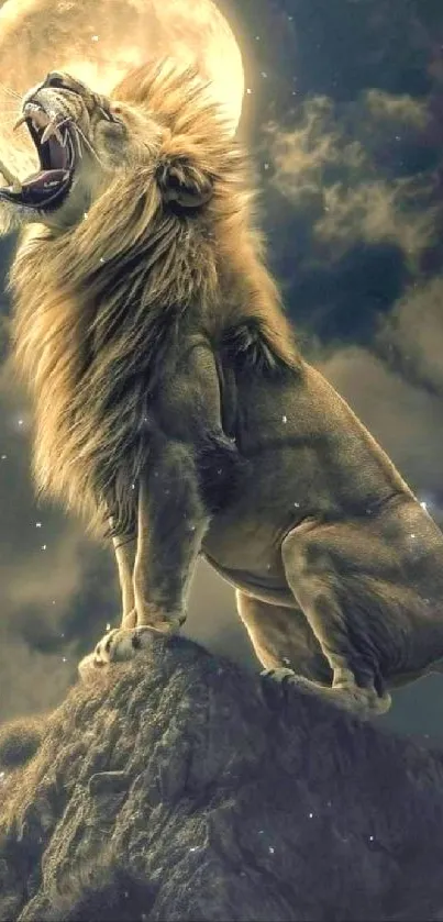 Lion roaring under a full moon in a night sky.
