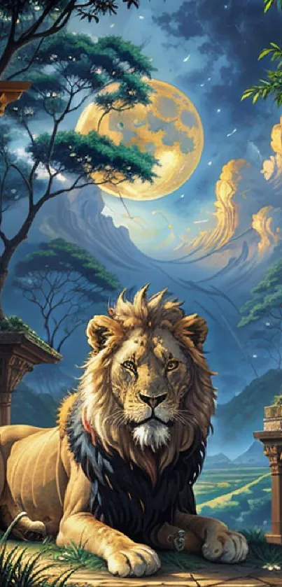 Majestic lion resting under a glowing full moon in a fantasy landscape with deep blue hues.