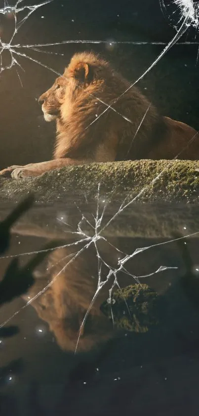 Lion resting under moonlight reflected in water on a dark background.