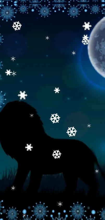 Lion silhouette with snowflakes under a moonlit night sky.