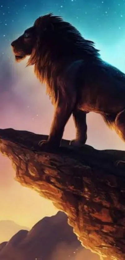 Majestic lion standing on cliff under starlit sky.