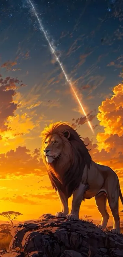 Lion standing on rock against sunset sky.