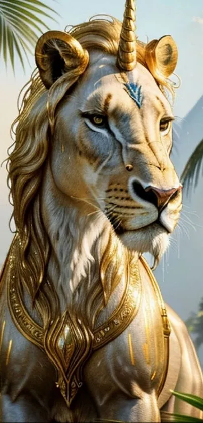 Majestic lion unicorn with gold mane in tropical setting.