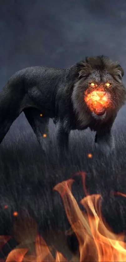 Majestic lion with glowing eyes in dark setting.