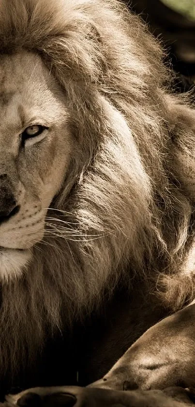 Majestic lion resting in the wild with a serene expression.