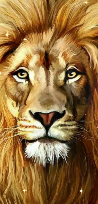 Majestic lion portrait with bold, golden mane as a wallpaper background.