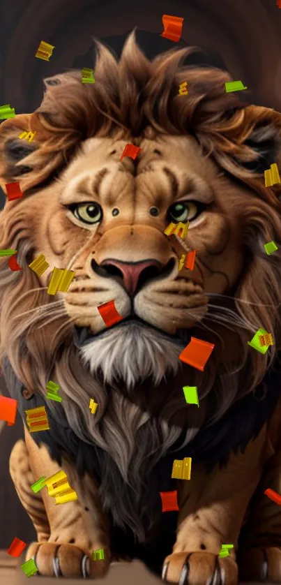 Majestic lion with vibrant confetti background.