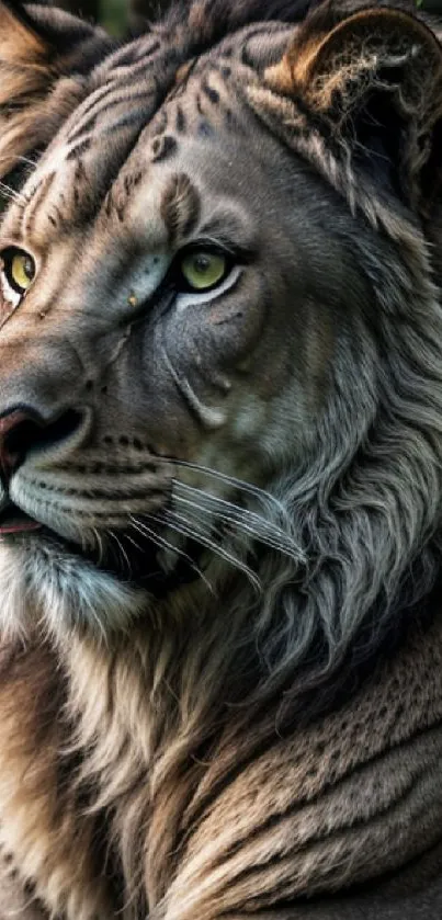 Majestic lion with green eyes in nature setting, perfect for wallpaper.