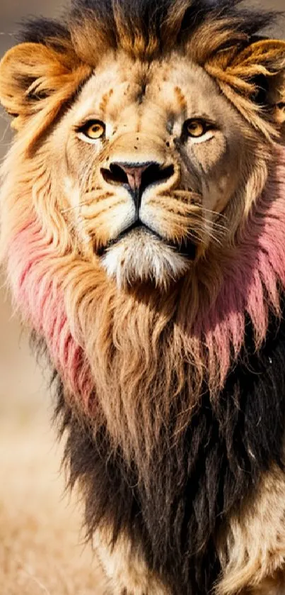 Majestic lion with a pink-tinged mane in natural setting, mobile wallpaper.