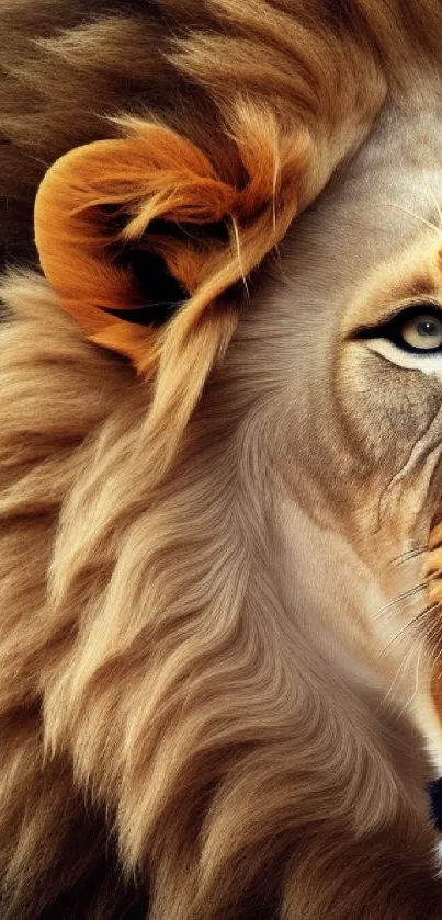 Majestic lion with golden mane in detailed phone wallpaper.