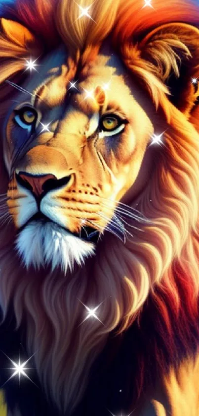 Digital art of a majestic lion with a colorful mane in nature.