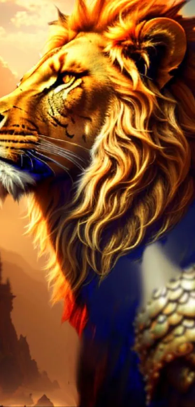 Majestic fantasy lion with golden mane and mystical background.