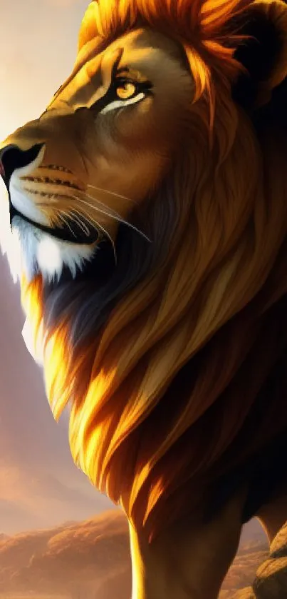 Majestic lion in golden brown tones, set against mountains.