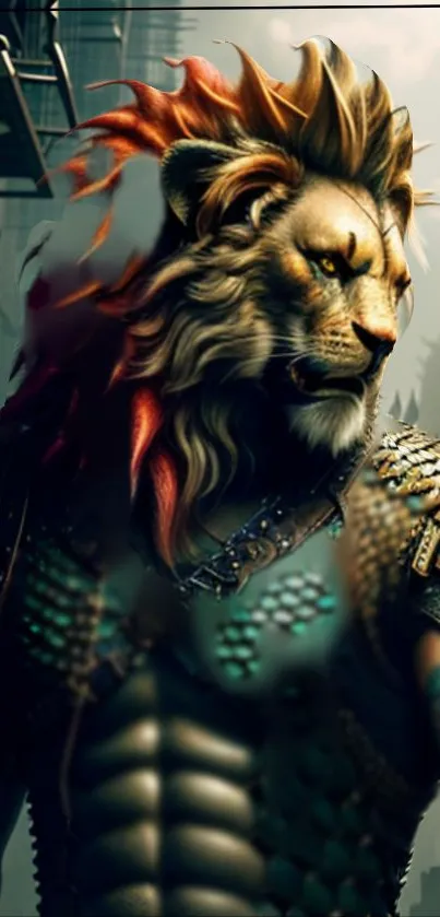 Lion warrior in futuristic armor with vibrant mane in cityscape.