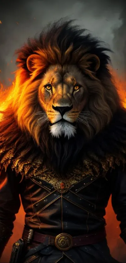 Lion warrior with fiery mane and armor in dramatic mobile wallpaper.