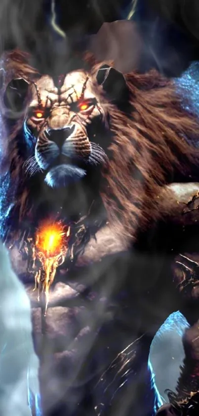 Mythical lion warrior with energy core glowing eyes.